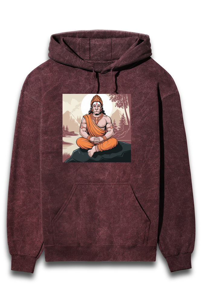 Hanuman Dada in Meditation Print Acid Wash Hooded Sweatshirt for Men