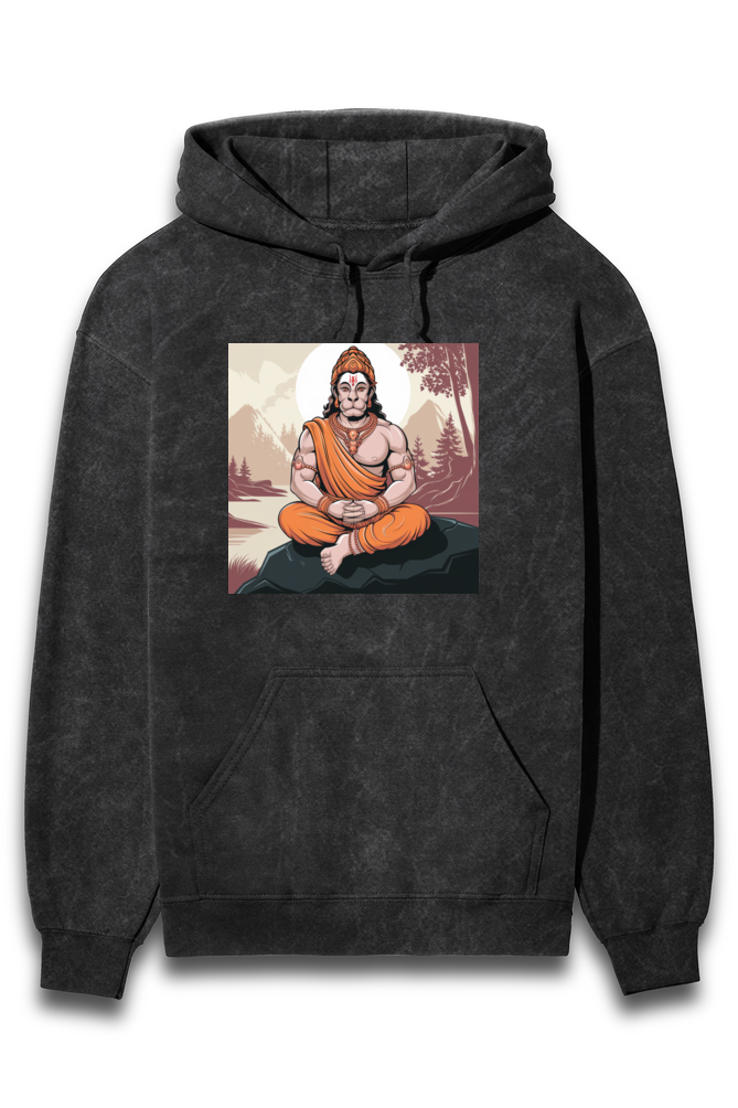 Hanuman Dada in Meditation Print Acid Wash Hooded Sweatshirt for Men