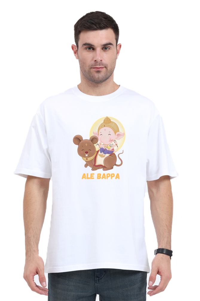 "Ale Bappa "  Cute Ganesha withb Mushak  Print Oversized T-shirt for Men