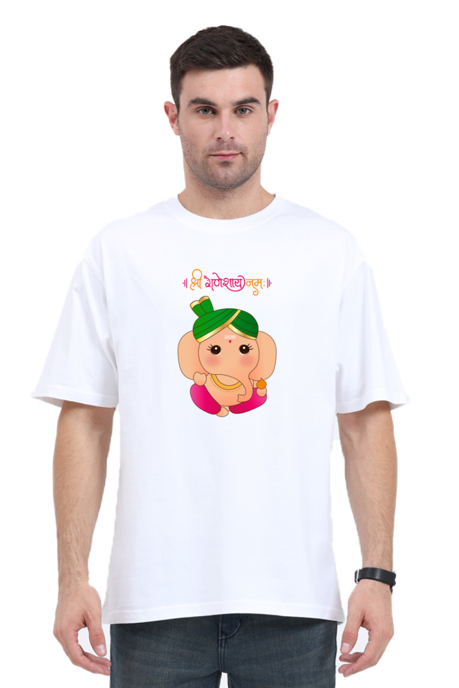 " श्री गणेशाय नमः " Cute Cartoon Ganesha Print Half Sleeve Oversized T-shirt
