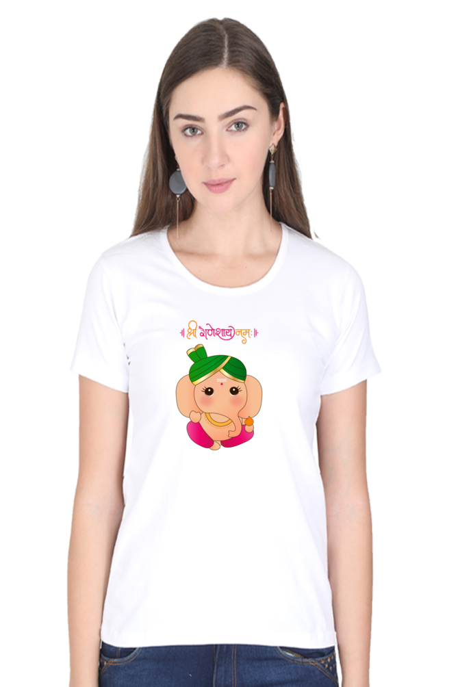 Cute Cartoonish Ganesha Print Half Sleeve T-shirt for Women