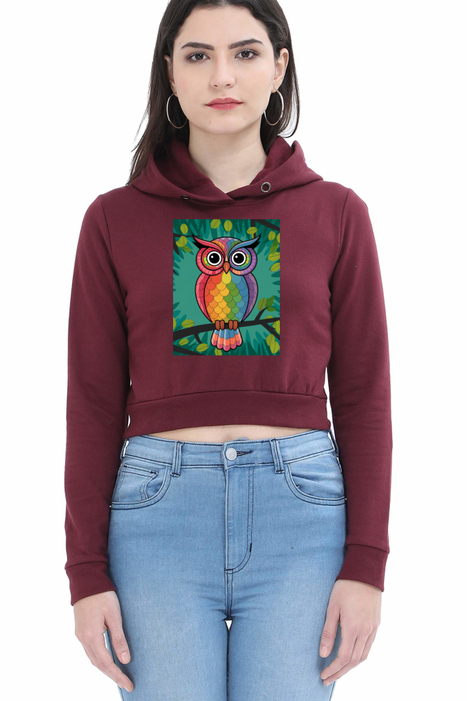 Spiritual Bird Owl Print Crop Hoodie for Women