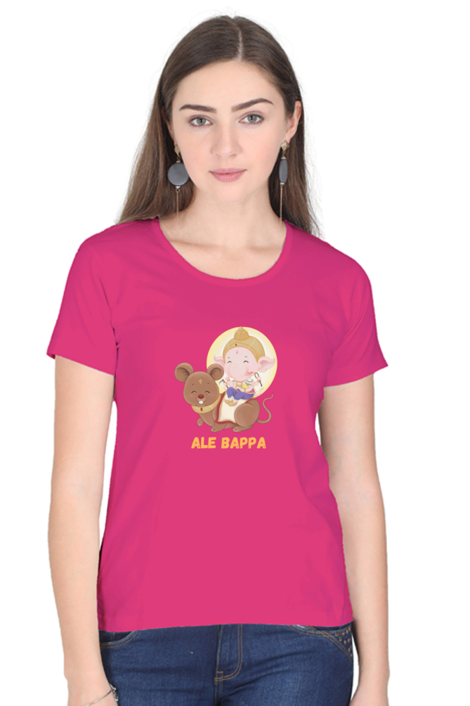 Ale Bappa Cute Ganesha with mushak print Half Sleeve T-shirt for Women
