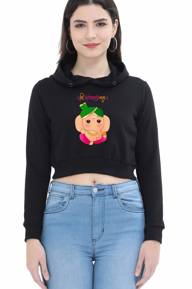 श्री गणेशाय नमः Colourful Cute Ganesha Print Crop Hoodie for Women