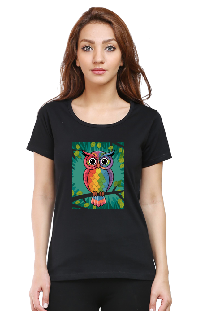 Spiritual Bird Owl Print Half Sleeve T-shirt for Women