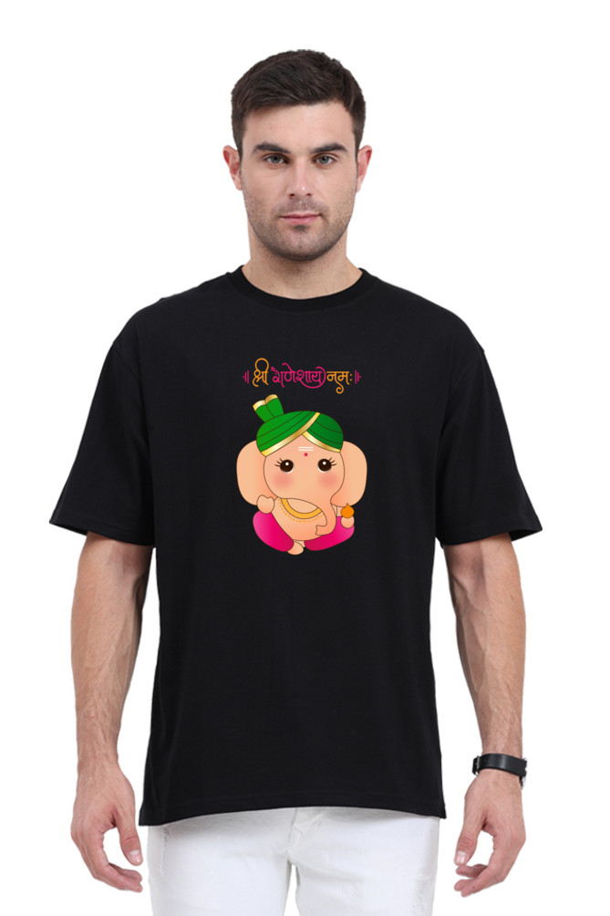 " श्री गणेशाय नमः " Cute Cartoon Ganesha Print Half Sleeve Oversized T-shirt