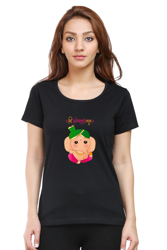 Cute Cartoonish Ganesha Print Half Sleeve T-shirt for Women