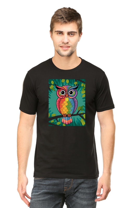 Spiritual Bird Owl Printed Half Sleeve T-shirt