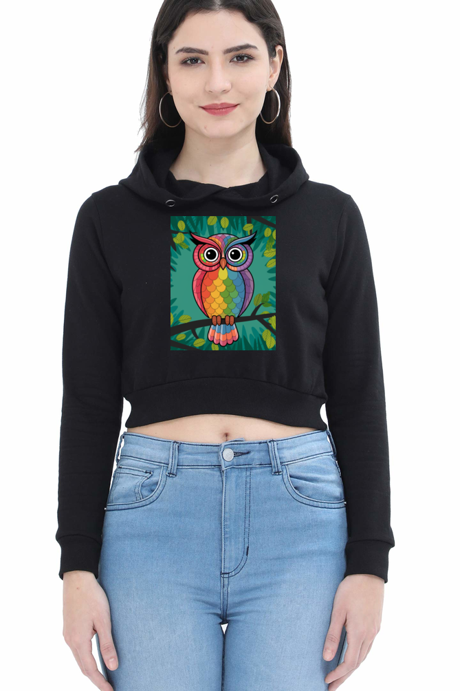 Spiritual Bird Owl Print Crop Hoodie for Women