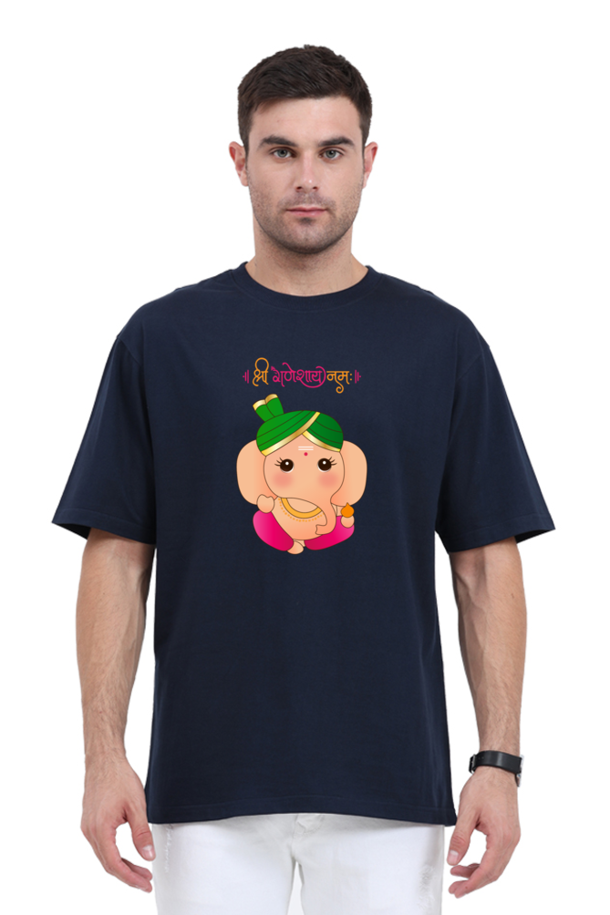 " श्री गणेशाय नमः " Cute Cartoon Ganesha Print Half Sleeve Oversized T-shirt