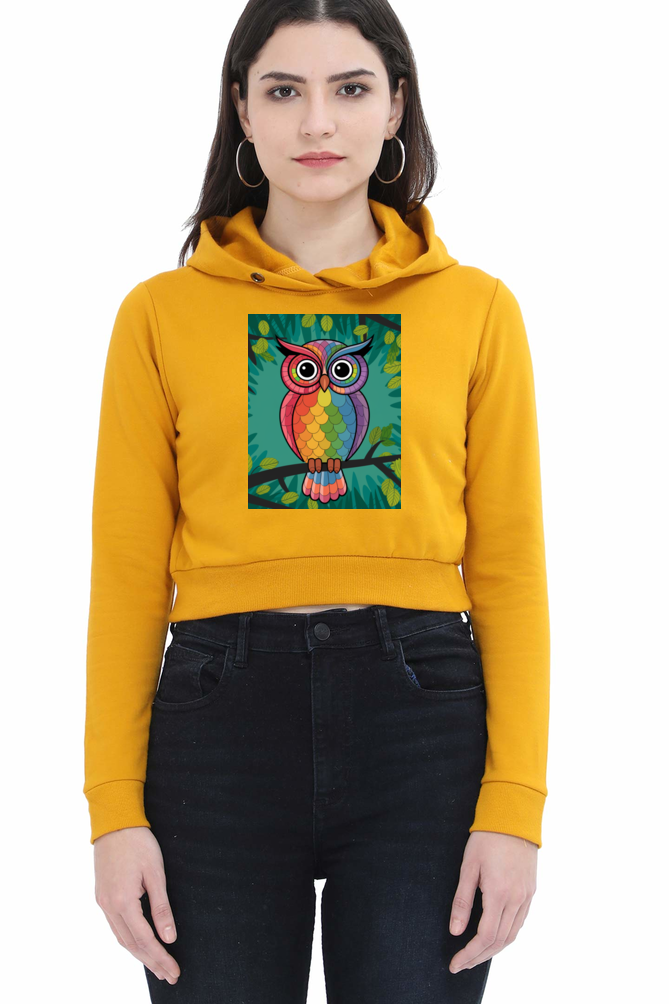 Spiritual Bird Owl Print Crop Hoodie for Women