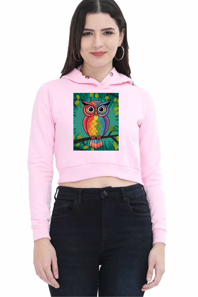 Spiritual Bird Owl Print Crop Hoodie for Women